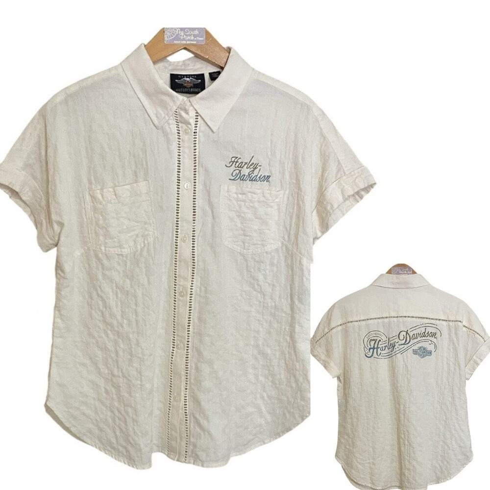Harley Davidson Logo Womens Blouse Petite M Breezy Cotton Button Woven Shirt